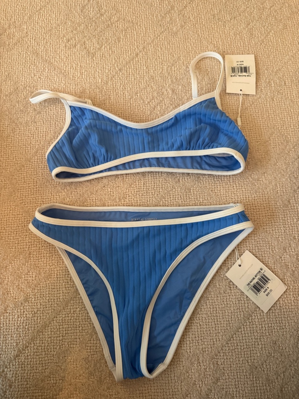 SOLID & STRIPED Rachel Luxe Ribbed Bikini Top Marina Blue / Optic White NWT